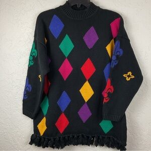 Women’s 80s 90s Chaus Sport Colorful Harlequin Fleur De Lis Pattern Sweater Lg